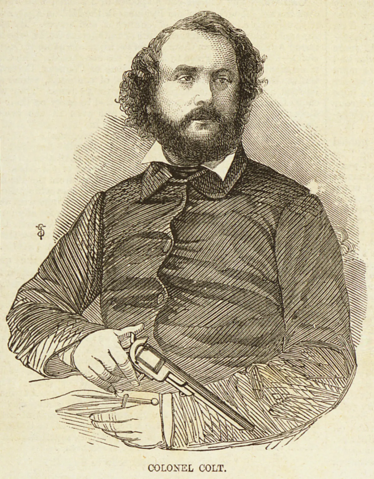 Samuel Colt seated and holding a revolver