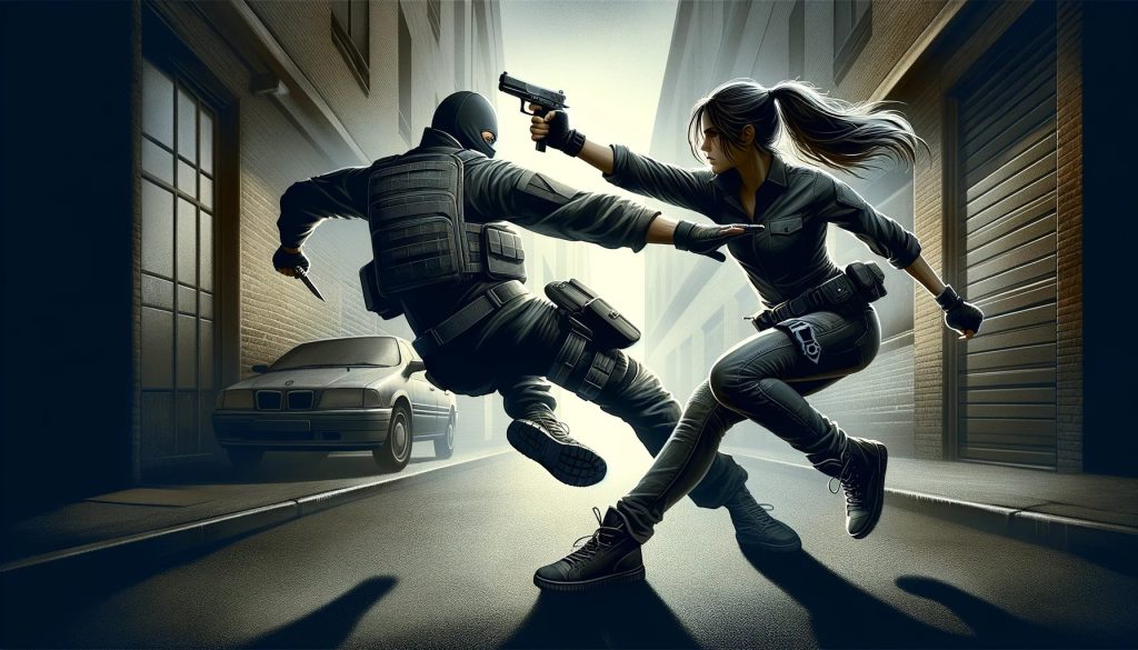 Illustration of a tactical self-defense woman in action, swiftly disarming an opponent in an urban alleyway
