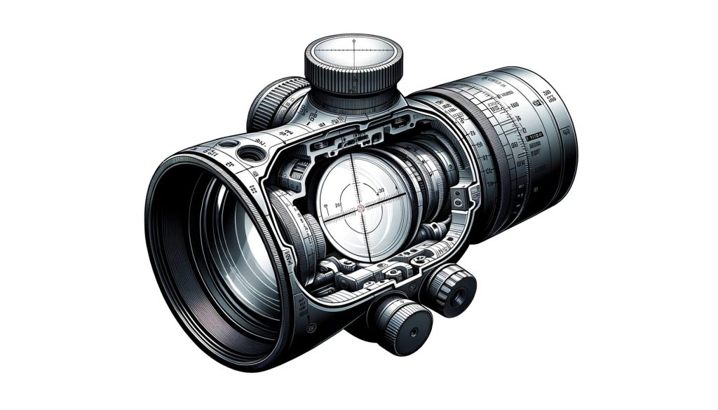 Illustration of a First Focal Plane (FFP) scope, with a detailed cutaway view showing the internal lens arrangement and the reticle's position