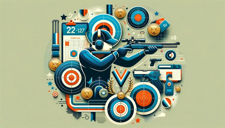 Modern vector design showcasing a collage of competitive shooting elements - targets, timers, medals, and a shooter in action