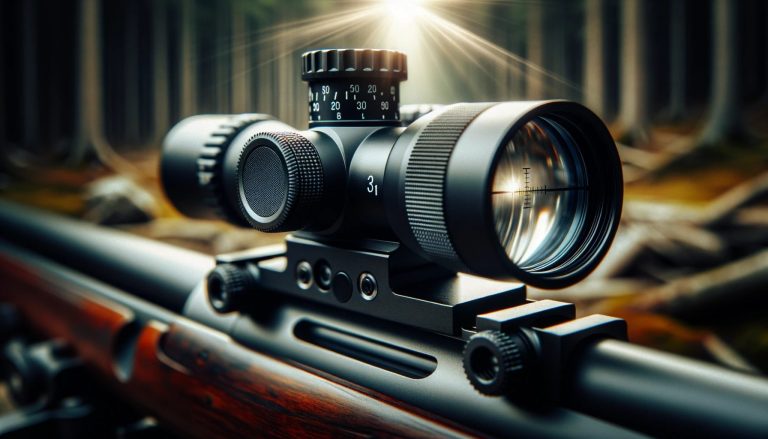 Photo of a variable power scope mounted on a rifle, set against a blurred forest background. The focus is on the scope's adjustment rings