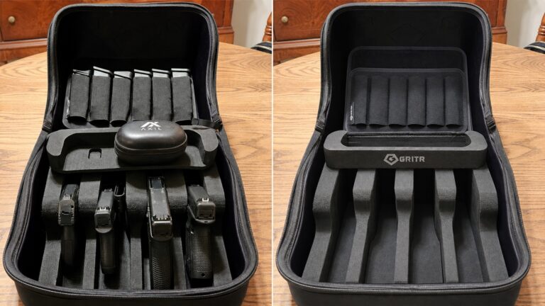 Side-by-side GRITR Pistol Pod comparison, loaded with four pistols and empty with foam dividers visible