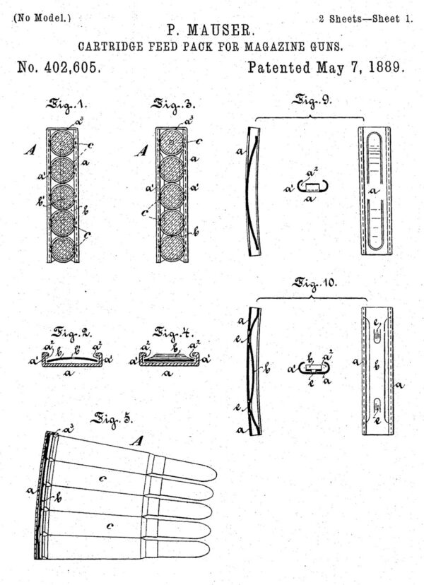 Paul Mauser’s 1889 patent drawing for a rifle cartridge-loading clip